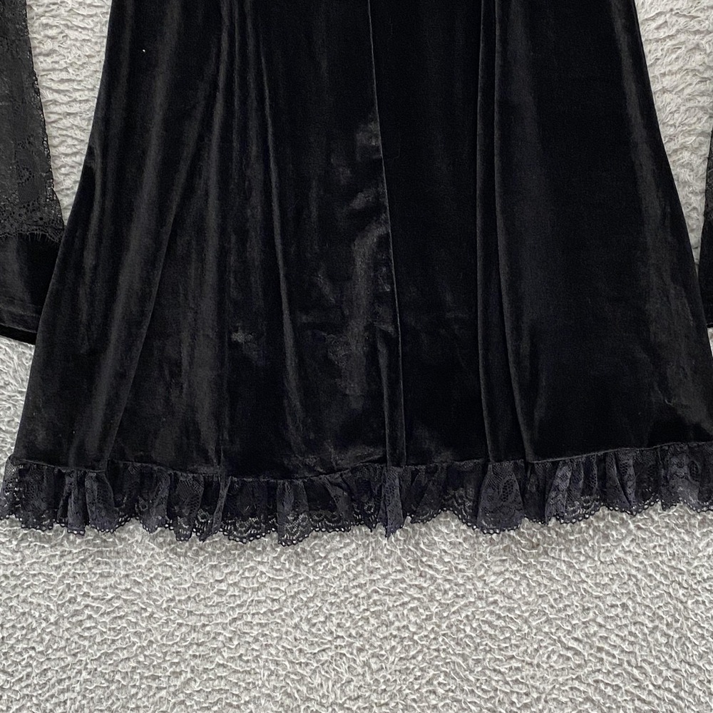 Gothic Velvet Dress Womens L Black Bell Sleeve Lace Ruffle Hem Mini Witchy Y2K - Picture 3 of 13